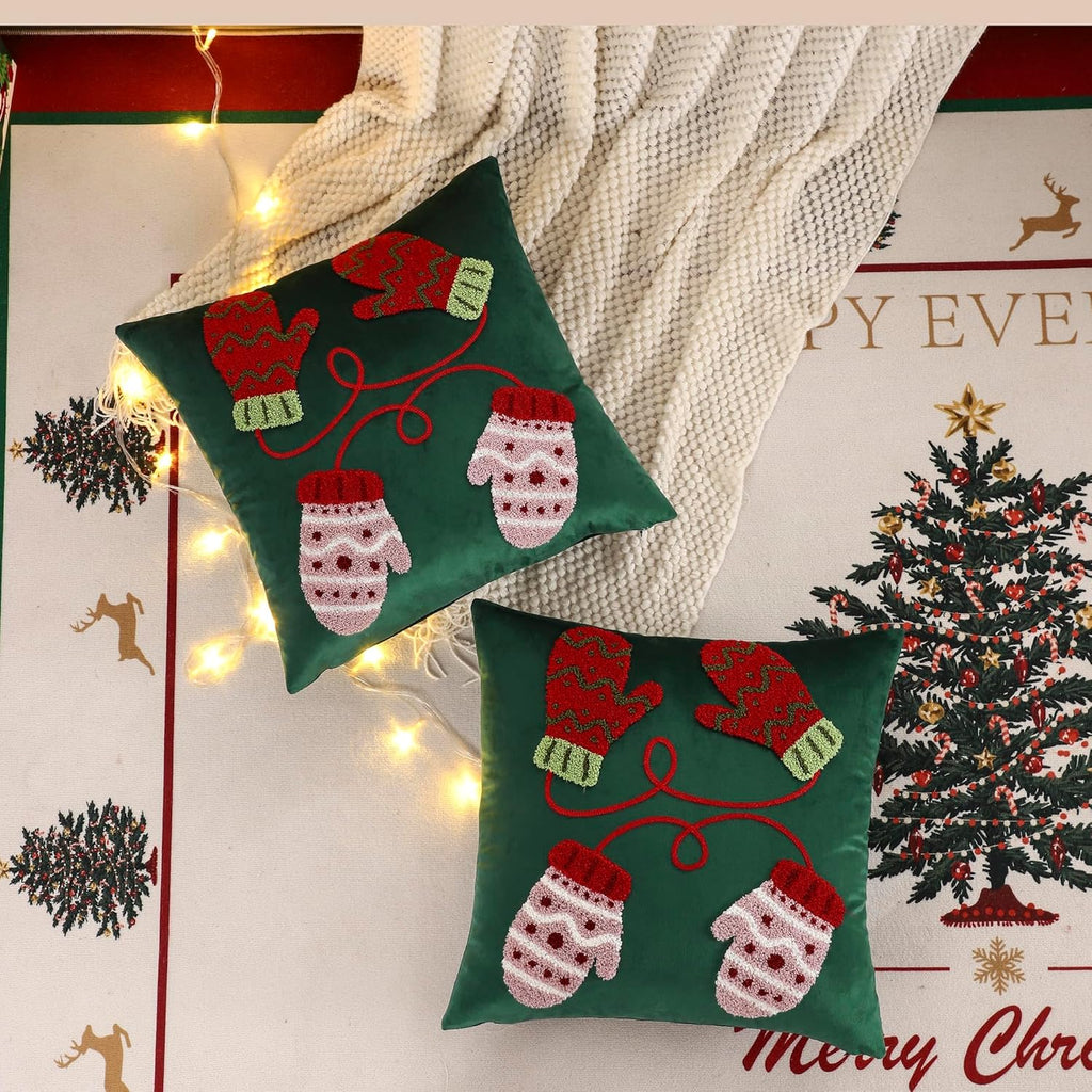 LUOYEHK Christmas Pillow Covers 18x18 Set of 2 Cute Gloves Decorative Green Pillow Cases Winter Holiday Velvet Embroidered Cushion Covers for Couch Sofa Bed