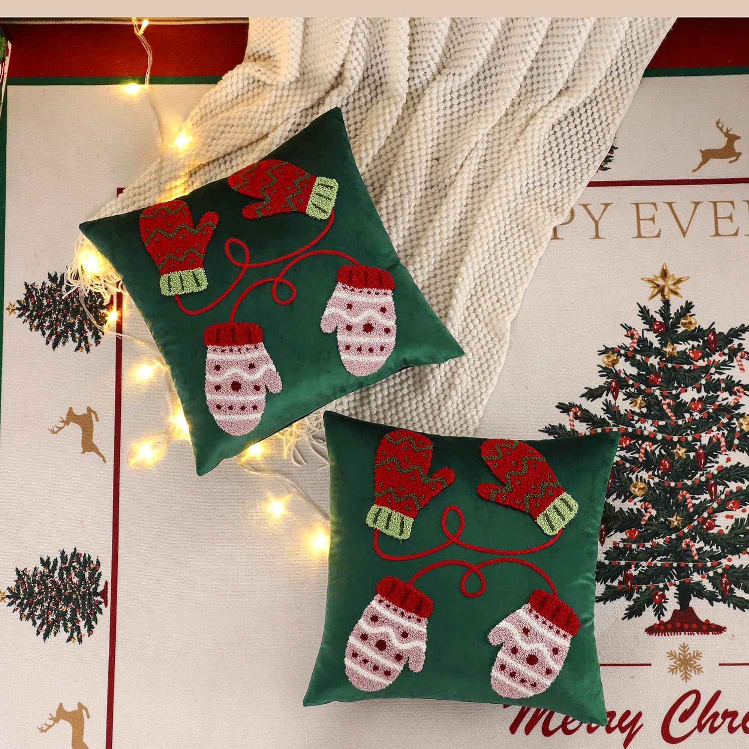 LUOYEHK Christmas Pillow Covers 18x18 Set of 2 Cute Gloves Decorative Green Pillow Cases Winter Holiday Velvet Embroidered Cushion Covers for Couch Sofa Bed