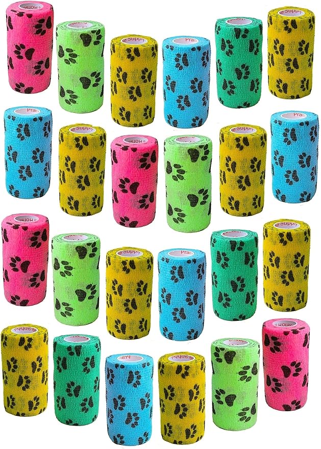 4 Inch Vet Wrap Tape Bulk (Black Paw Prints on Yellow, Red, Teal, Blue, Neon Green, and Neon Pink) (Pack of 24) Self Adhesive Adherent Adhering Flex Bandage Grip Roll for Dog Cat Pet