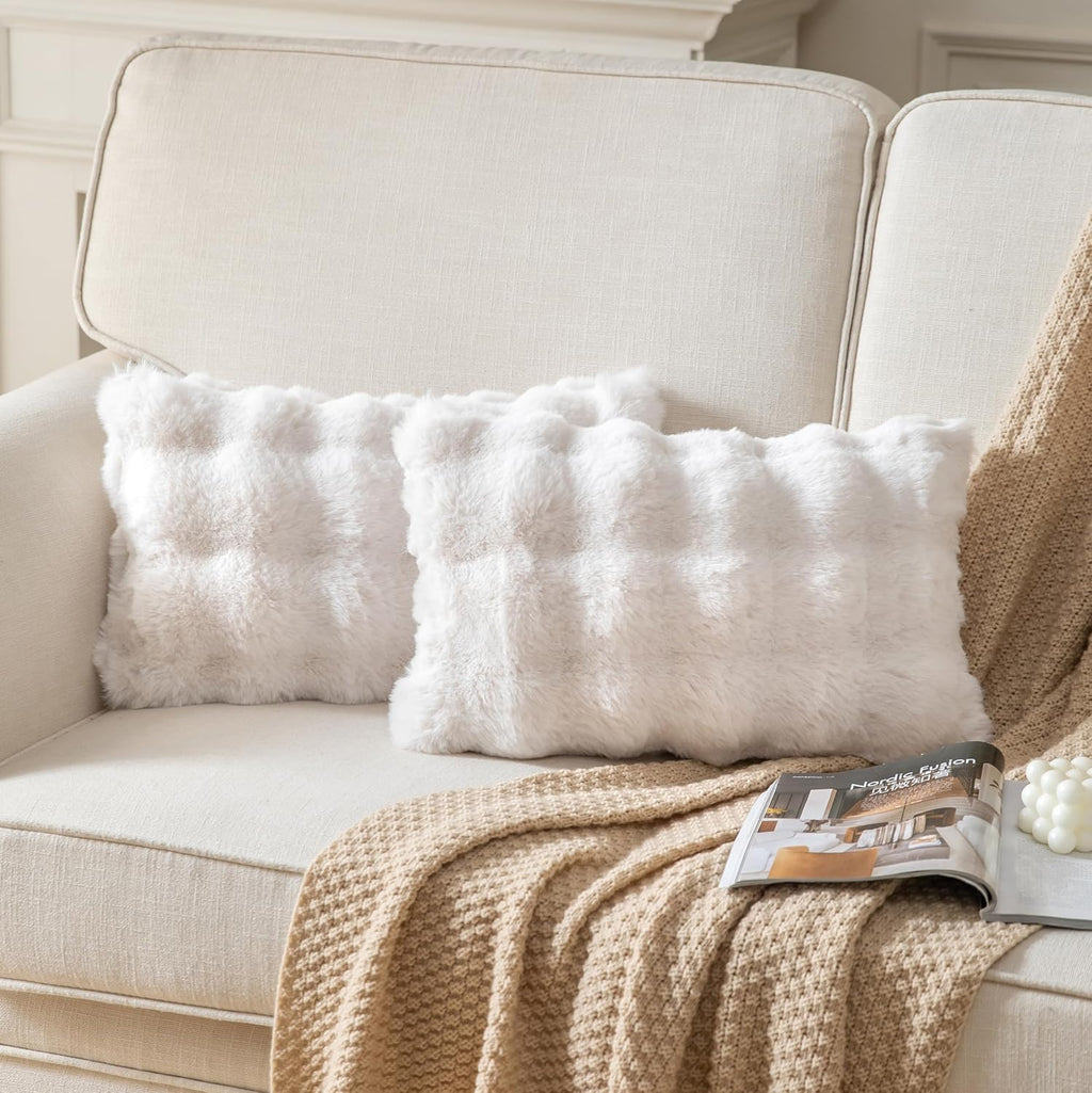 Pack of 2 Thick Plush Throw Pillow Covers Fluffy Wave Faux Fur Decorative Cushion Covers Soft Wool Pillowcase for Sofa Couch Livingroom 12x20 Inch White