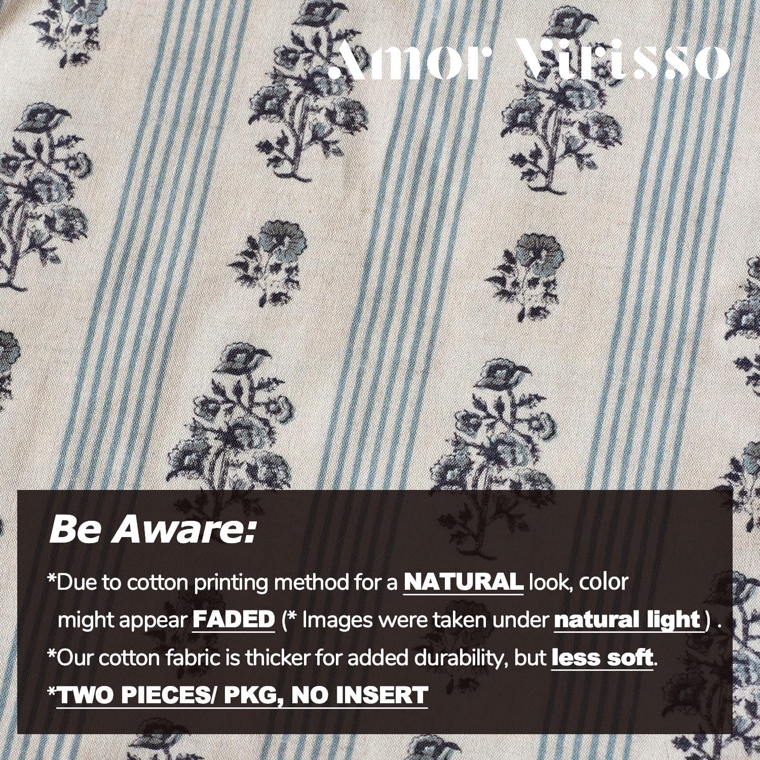 Amor Virisso Floral Throw Pillow Covers 20x20 Set of 2 Block Print Pillow Covers Neutral Floral Striped Farmhouse Decorative Pillow Covers for Sofa Couch Bed, Light Blue