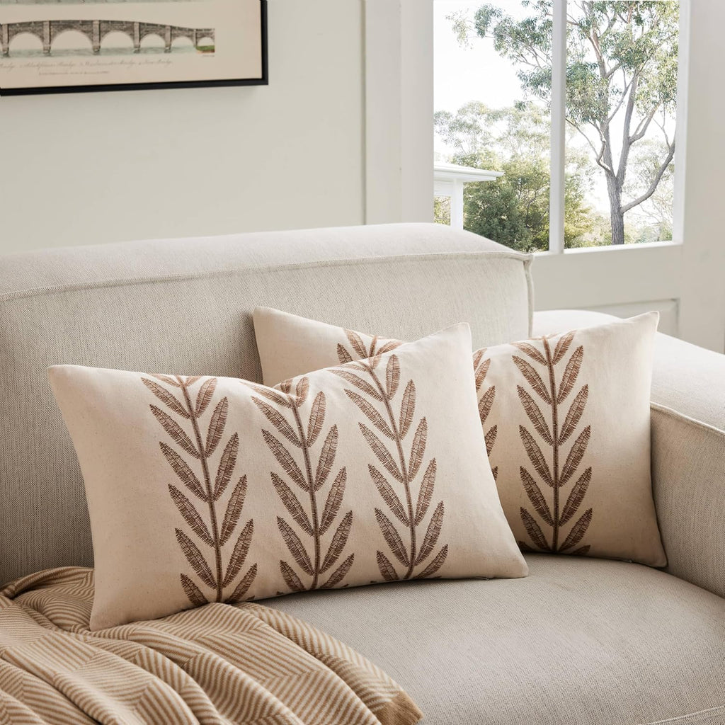 100% Cotton Farmhouse Leaves Lumbar Throw Pillow Covers Set of 2, 12x20 Inch Caramel Pastoral Decorative Print Cushion Covers for Sofa Bed Living Room Home Decor