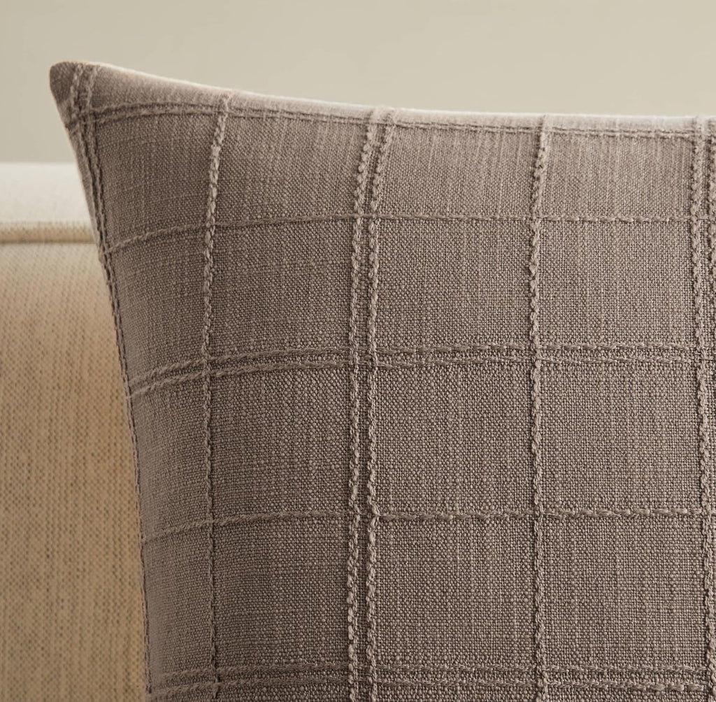 ZeeMart Linen Checked Throw Pillow Covers Set of 2, 18x18 Inch Cocoa Brown/Cream, Farmhouse Decorative Single Sided Grid Embroidered Couch Pillow Cases Brown Cotton Linen Cushion Covers