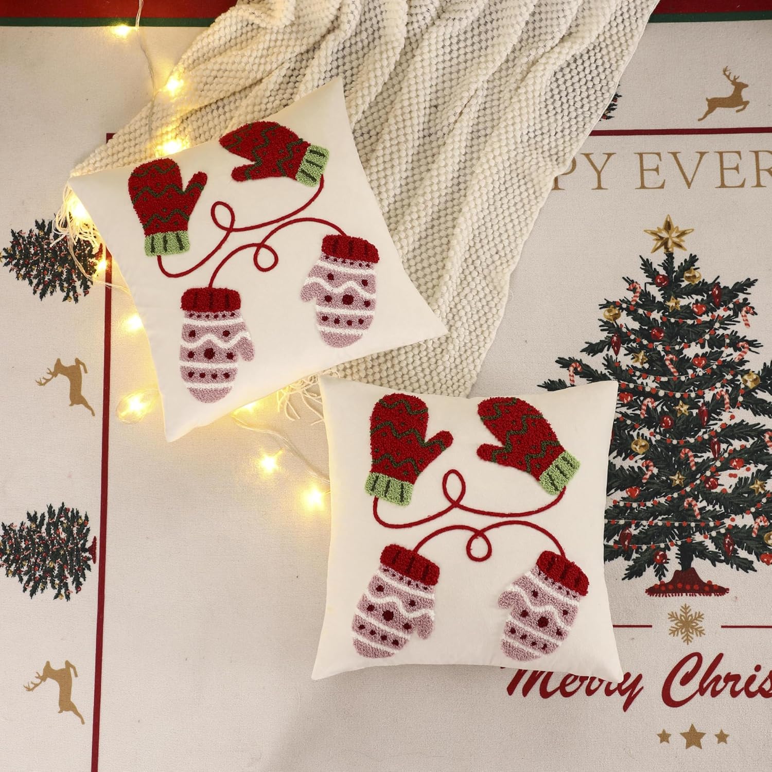 LUOYEHK Christmas Pillow Covers 18x18 Set of 2 Cute Gloves Decorative Beige Pillow Cases Winter Holiday Velvet Embroidered Cushion Covers for Couch Sofa Bed