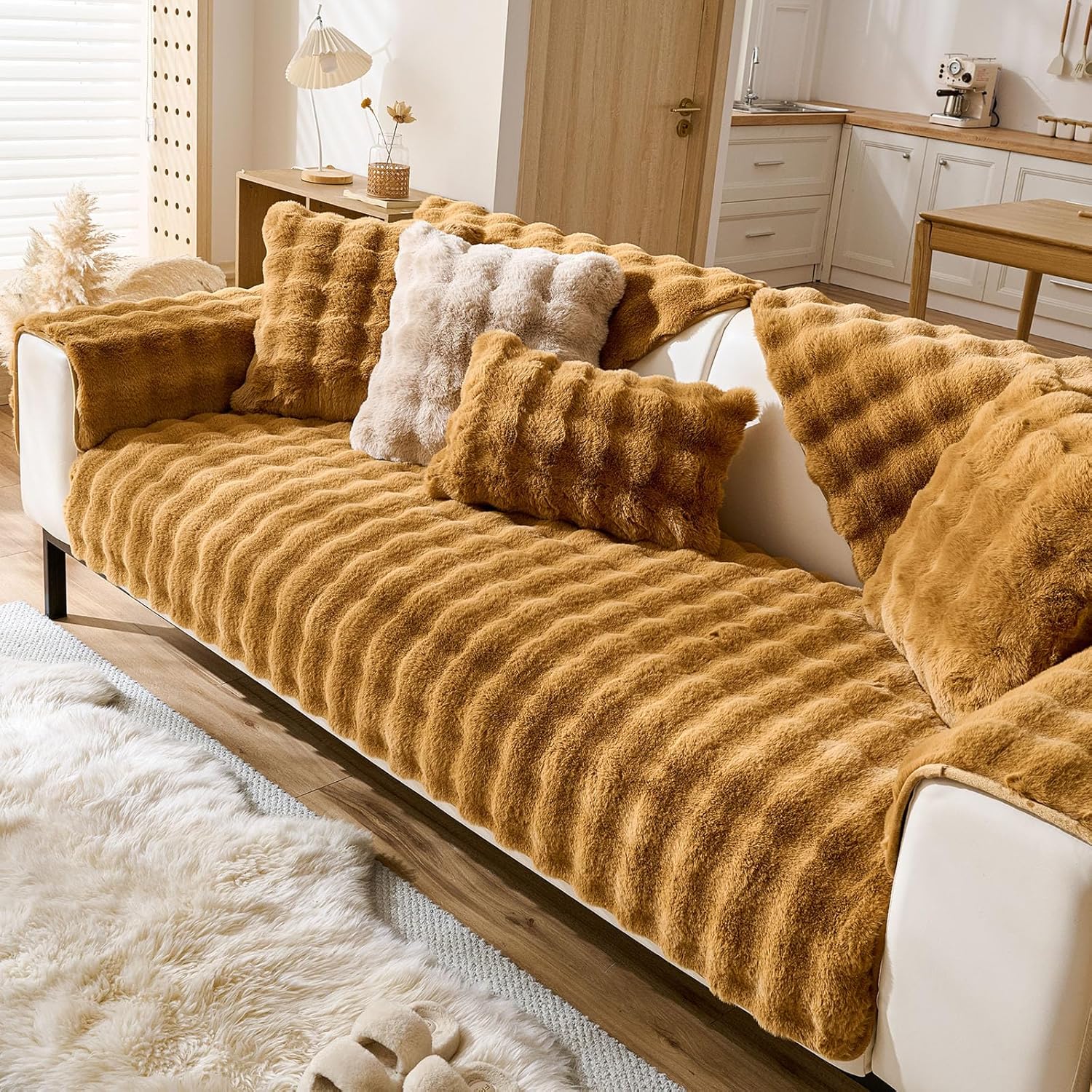 Faux Fur Couch Cover Fuzzy Soft Plush Thick Bubble Sofa Cover Luxury Sectional Couch Covers Luxury Anti-Slip Sofa Slipcover Washable Furniture Protector (Brown Yellow,36"x70")