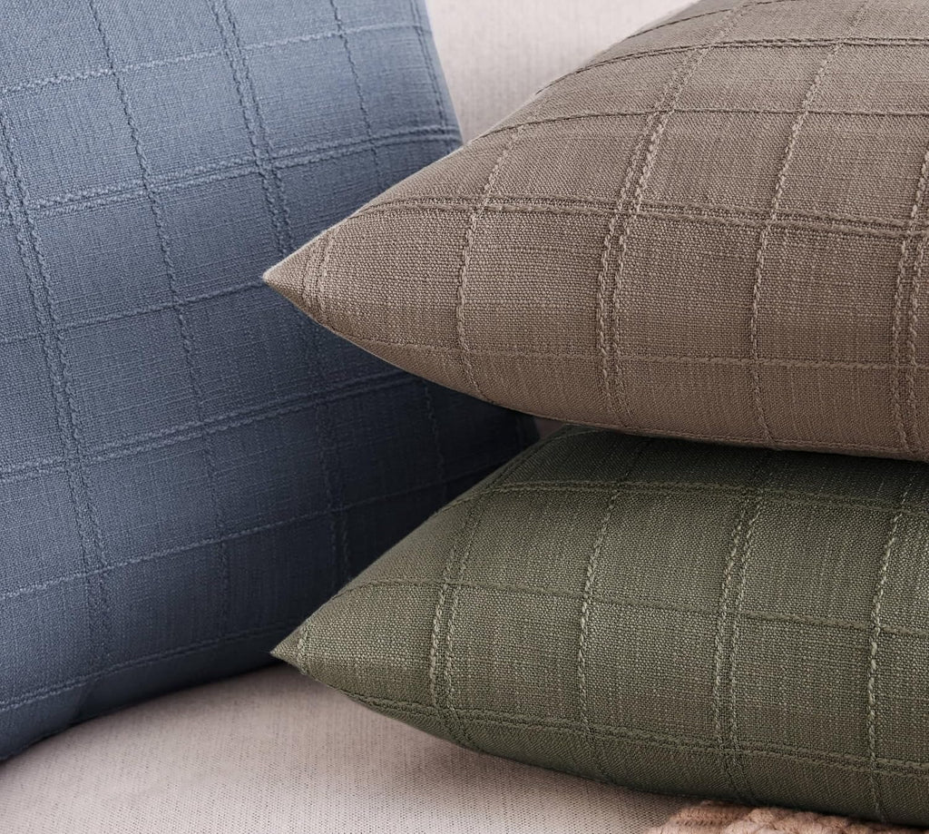 ZeeMart Linen Checked Throw Pillow Covers Set of 2, 16x16 Inch Allover Grid Olive, Farmhouse Decorative Double Sided Grid Embroidered Couch Pillow Cases Green Cotton Linen Cushion Covers