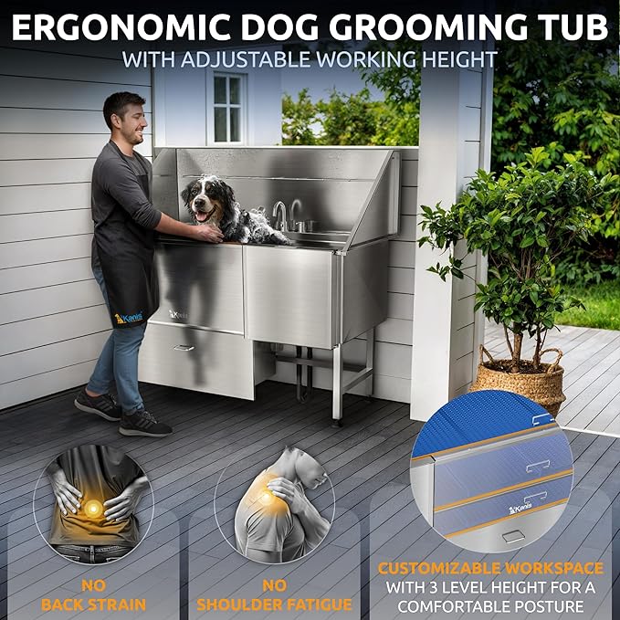 KANIS Professional Dog Washing Station - 304 Stainless Steel Pet Wash Sink & Grooming Bath Tub for Home with Ramp, Shower, Floor Grate, Storage Drawer, Faucet, Drain Kit for Large, Medium & Small Pets