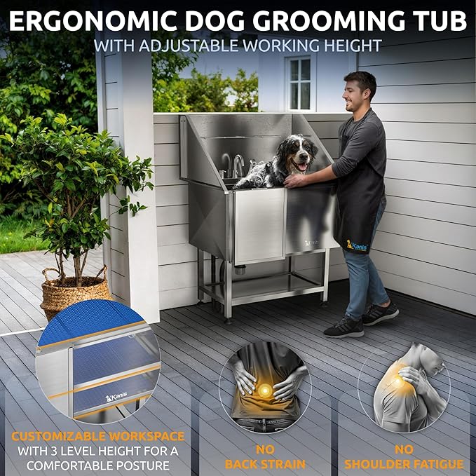 KANIS Professional Dog Washing Station - 304 Stainless Steel Pet Wash Sink & Grooming Bathtub w/Shower, Floor Grates and Storage for Large, Medium & Small Pets (40", Shelf - Left Ramp)