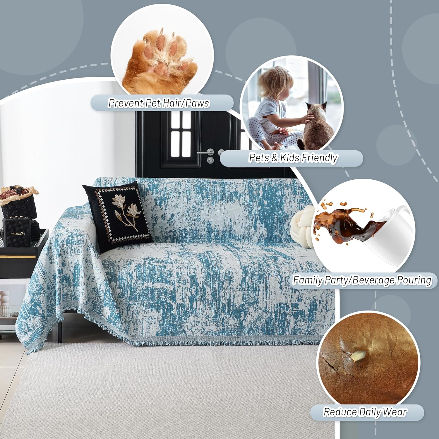 MYSKY HOME Boho Couch Cover for Dogs Washable Sage Abstract Couch Sofa Protector for Cats Pets Friendly Chenille Geometric Sofa Covers Soft Durable Farmhouse Sofa Slipcovers, 91" X118"