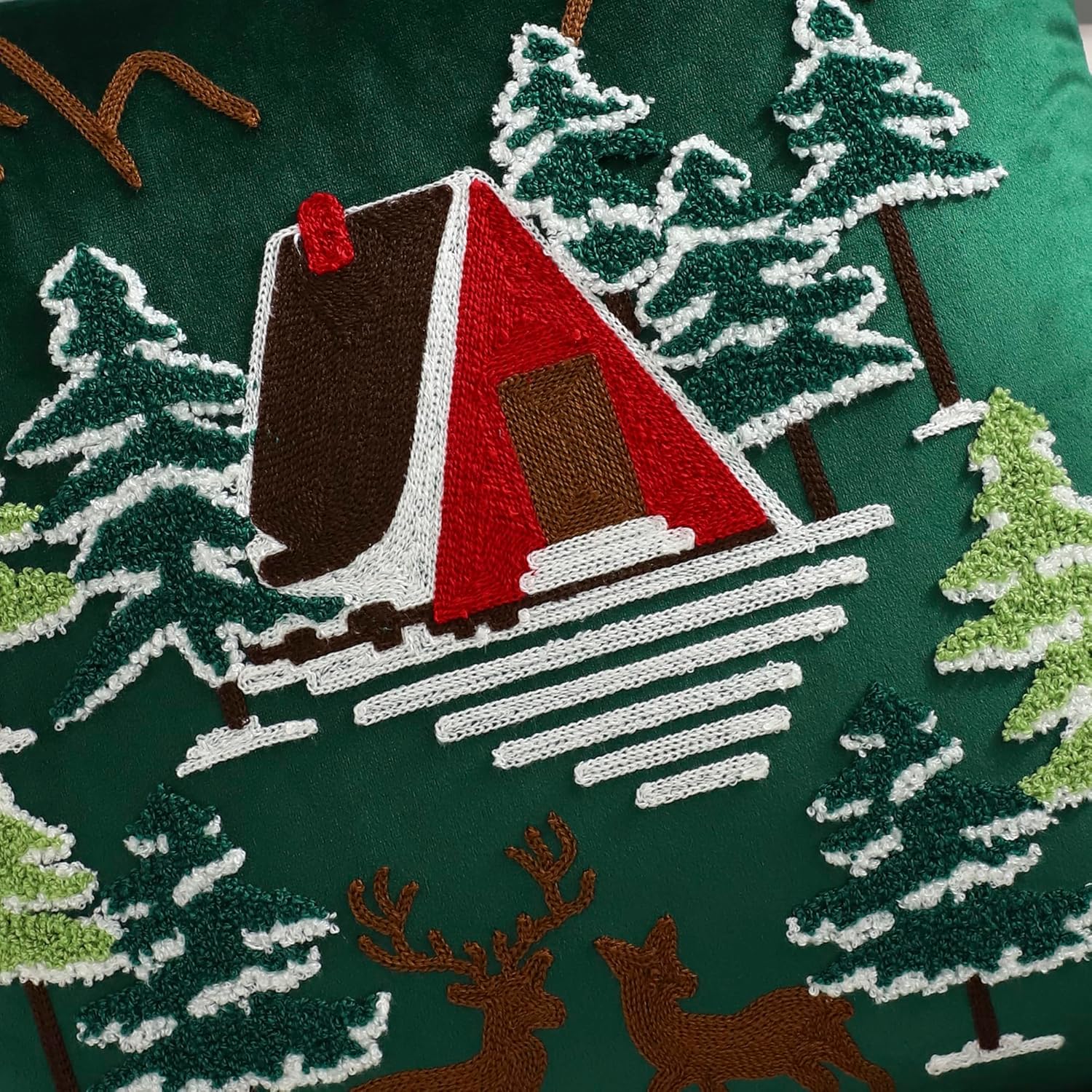 LUOYEHK Christmas Green Pillow Covers 18x18 Set of 2 House and Deer Decorative Pillow Cases Winter Holiday Velvet Embroidered Cushion Covers for Couch Sofa Bed