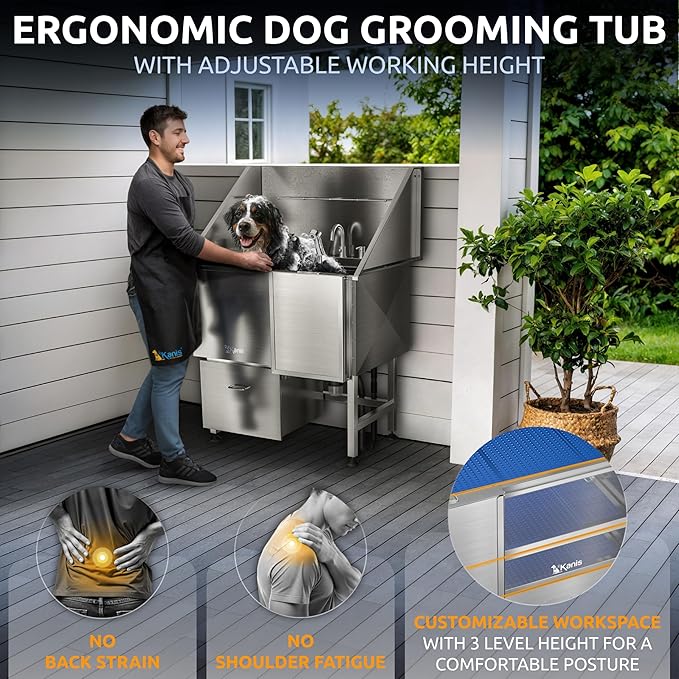 KANIS Professional Dog Washing Station - 304 Stainless Steel Pet Wash Sink & Grooming Bath Tub for Home with Ramp, Shower, Floor Grate, Storage Drawer, Faucet, Drain Kit for Large, Medium & Small Pets