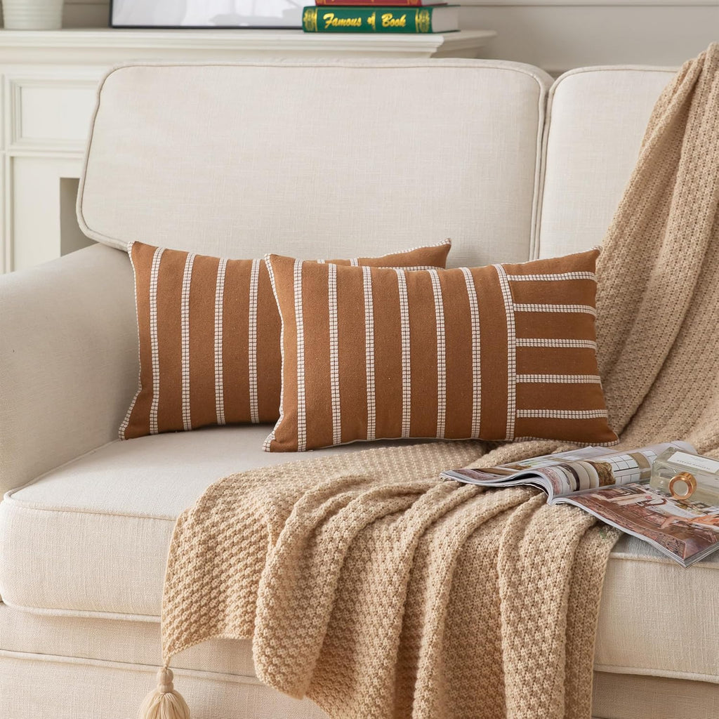 Caflife Boho Throw Pillow Covers 12x20 Set of 2 Soft Farmhouse Decorative Couch Pillow Cases Brown Striped Pillow Covers Neutral Cushion Covers for Sofa Bed Living Room Home Decor