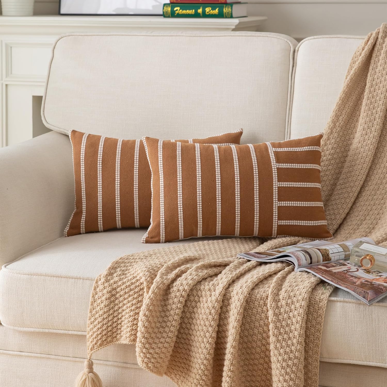 Caflife Boho Throw Pillow Covers 12x20 Set of 2 Soft Farmhouse Decorative Couch Pillow Cases Brown Striped Pillow Covers Neutral Cushion Covers for Sofa Bed Living Room Home Decor