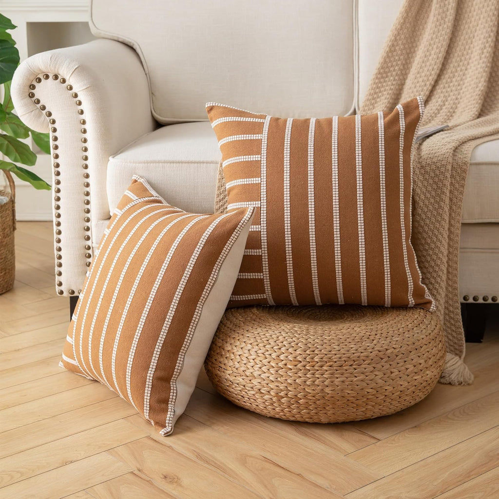 Caflife Boho Throw Pillow Covers 20x20 Set of 2 Soft Farmhouse Decorative Couch Pillow Cases Brown Striped Pillow Covers Neutral Cushion Covers for Sofa Bed Living Room Home Decor
