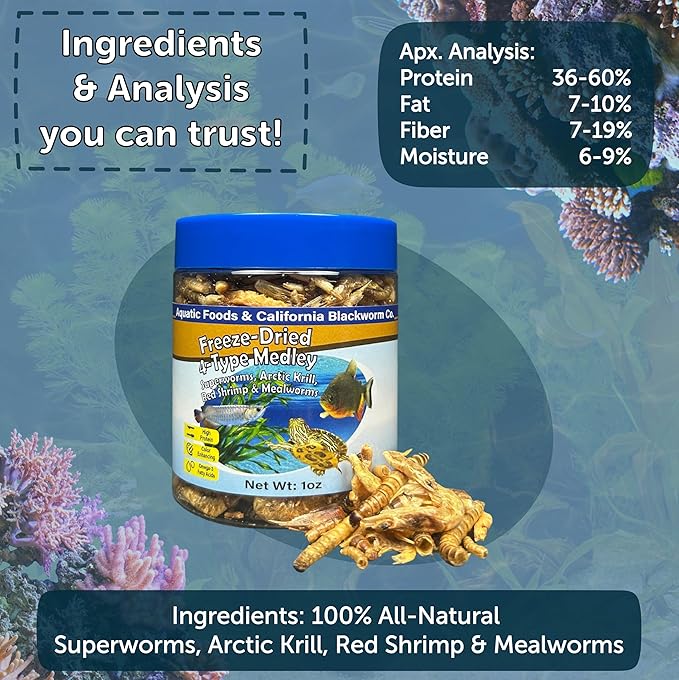 Aquatic Foods Inc. 4-Type Medley Mix of Freeze Dried Superworms, Krill, Red Shrimp, Mealworms for Monster Fish, Reptiles, Turtles, Tortoises, Frogs, Hamsters, Birds, Rodents 2oz Canister