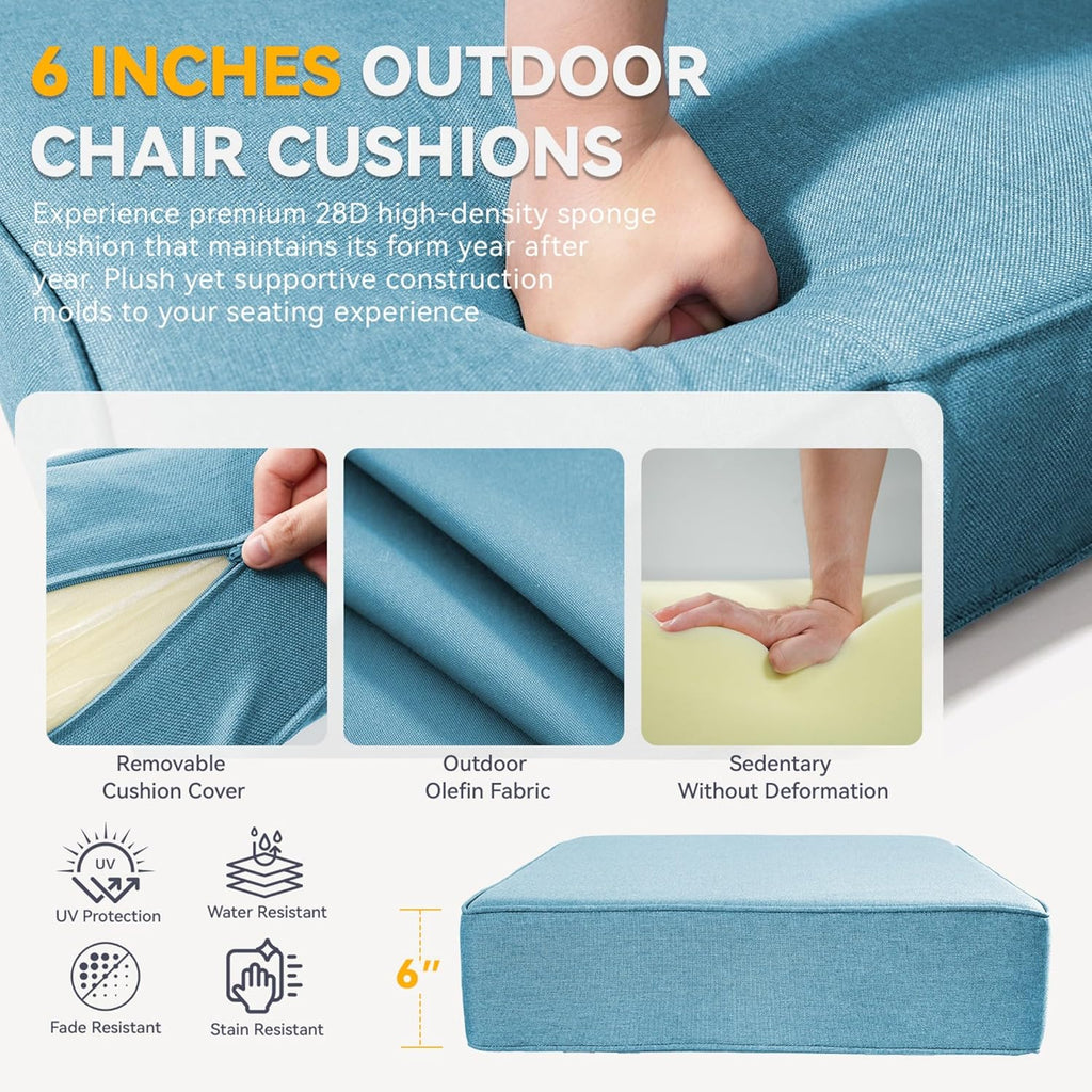 Outdoor Cushion Set for Furniture Patio Furniture, UV Resistant, Water Resistant - 6 Inch Thick Foam Garden Cushions– 24x24 Inch Patio Seat Covers for Chair/Sofa/Couch | Light Blue | 8-Pack |