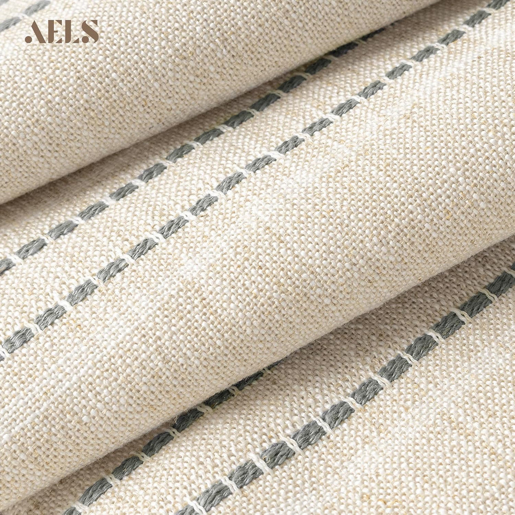 AELS 14x36 Decorative Lumbar Throw Pillow Covers, Farmhouse Linen Textured Long Pillow Case, Beige with White & Gray Stitch Boho Cushion Cover for Couch Living Room (Cover ONLY)