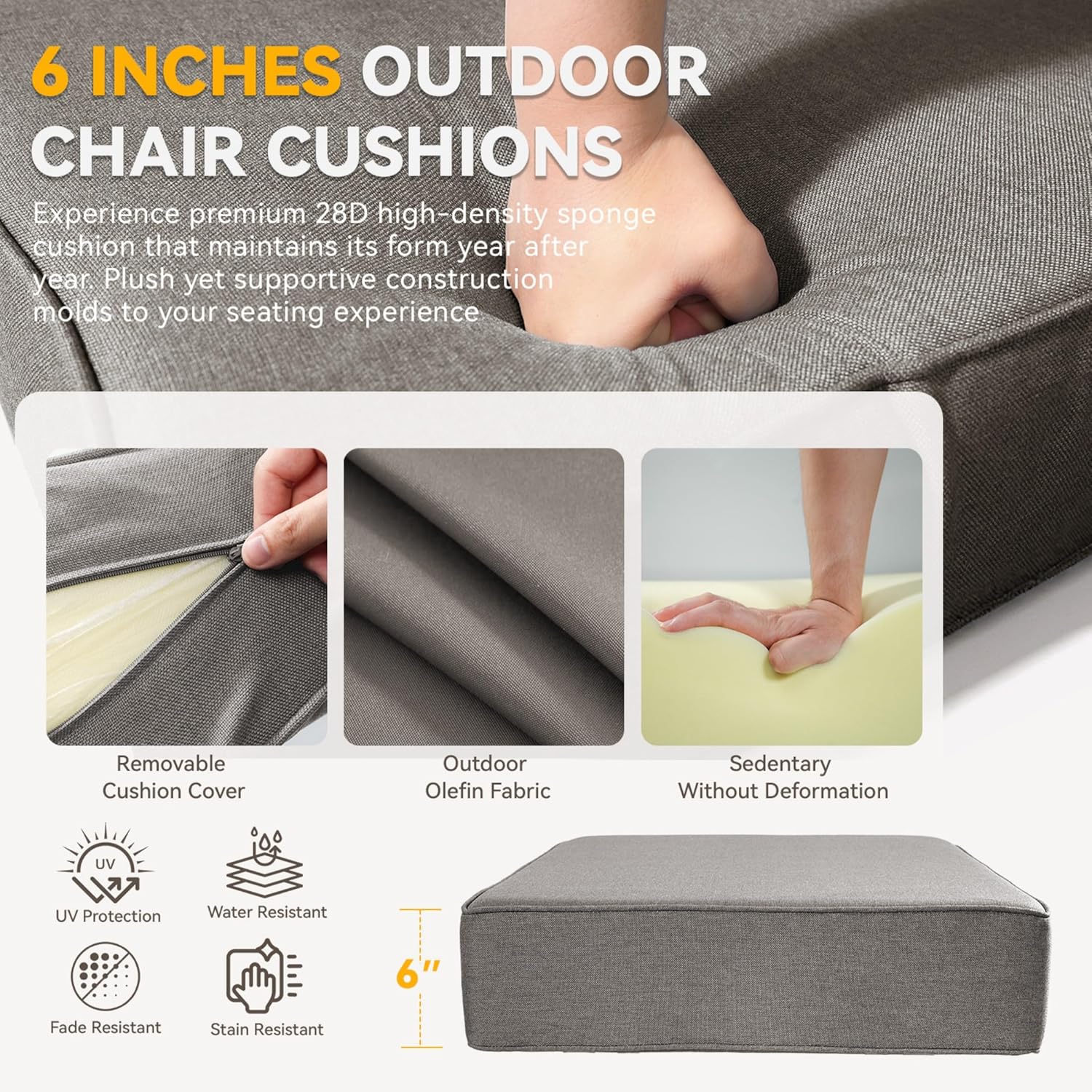 Outdoor Cushion Set for Furniture Patio Furniture, UV Resistant, Water Resistant - 6 Inch Thick Foam Garden Cushions– 24x24 Inch Patio Seat Covers for Chair/Sofa/Couch | Grey | 2-Pack |