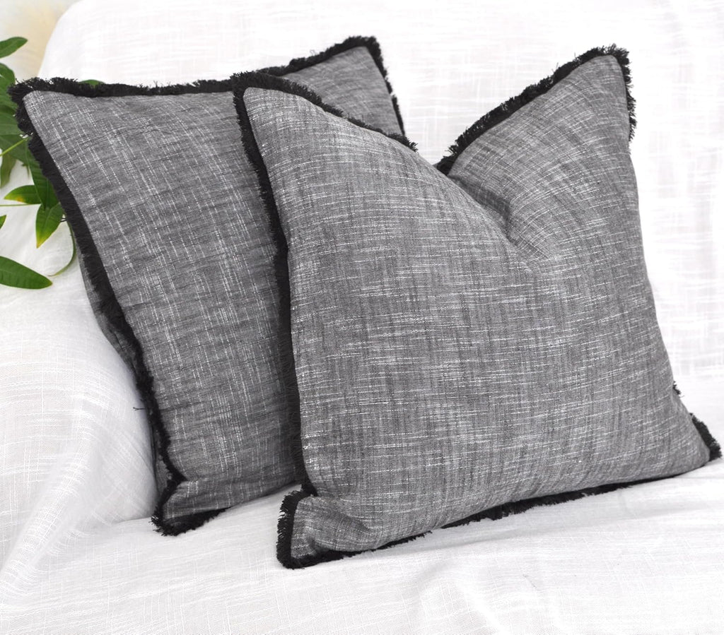 Set of 2 Textured Cotton Pillow Covers with Decorative Fringe at Edge Boho Farmhouse Cushion Cover with Tassels Linen Like Accent Pillowcases for Bed Chair Sofa Living Room 22×22 Inch Grey