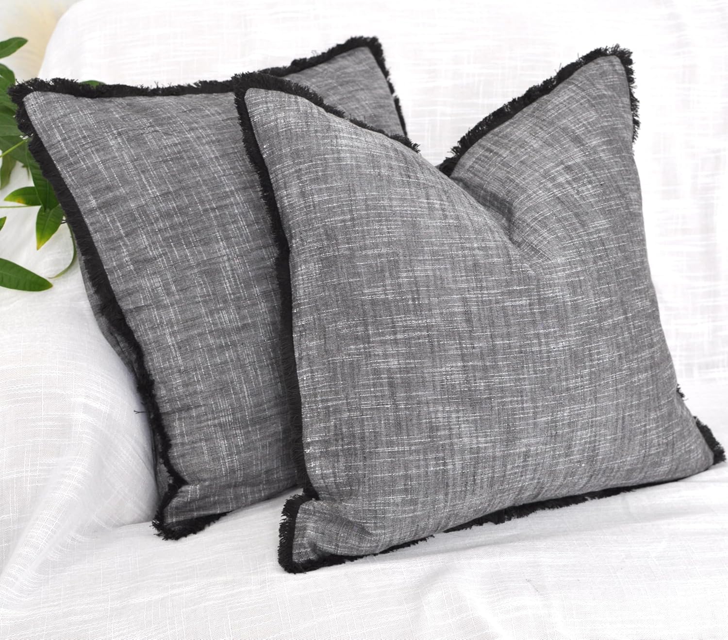 Set of 2 Textured Cotton Pillow Covers with Decorative Fringe at Edge Boho Farmhouse Cushion Cover with Tassels Linen Like Accent Pillowcases for Bed Chair Sofa Living Room 22×22 Inch Grey