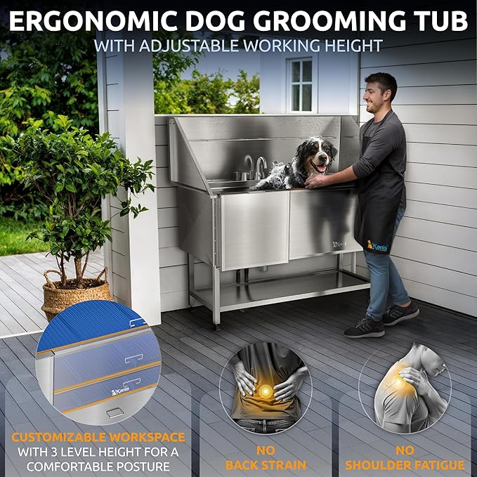 KANIS Professional Dog Washing Station - 304 Stainless Steel Pet Wash Sink & Grooming Bathtub w/Shower, Floor Grates and Storage for Large, Medium & Small Pets (61", Shelf - Left Ramp)