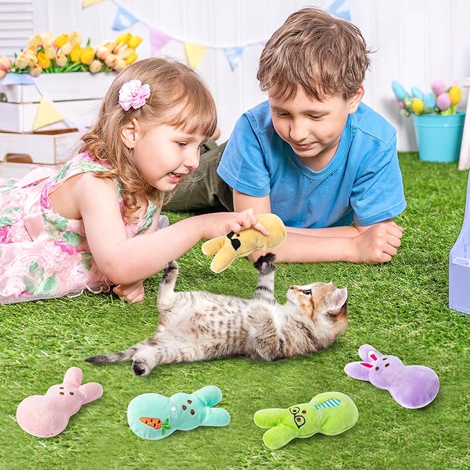 MALLMALL6 5Pcs Easter Bunny Catnip Toys Gift for Cat Lover, Colorful Rabbit with Carrot Pattern Catmint Interactive Toy for Indoor Cats, Soft Pet Presents Supplies, Kitten Teething Chew Kick Set