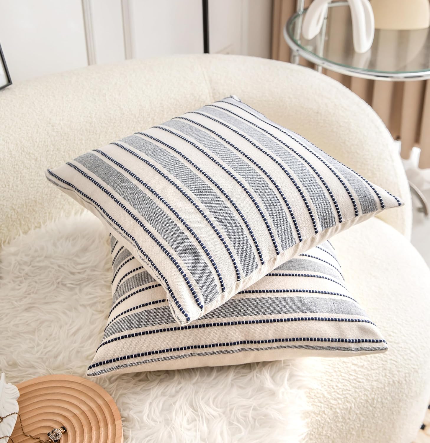 Decorative Boho Throw Pillow Covers, Farmhouse Textured Pillow Case, 18 x 18 Inch Set of 2, Chair Sofa Bedroom Living Room Decor Couch Cushion Case, Navy Blue and Beige Striped