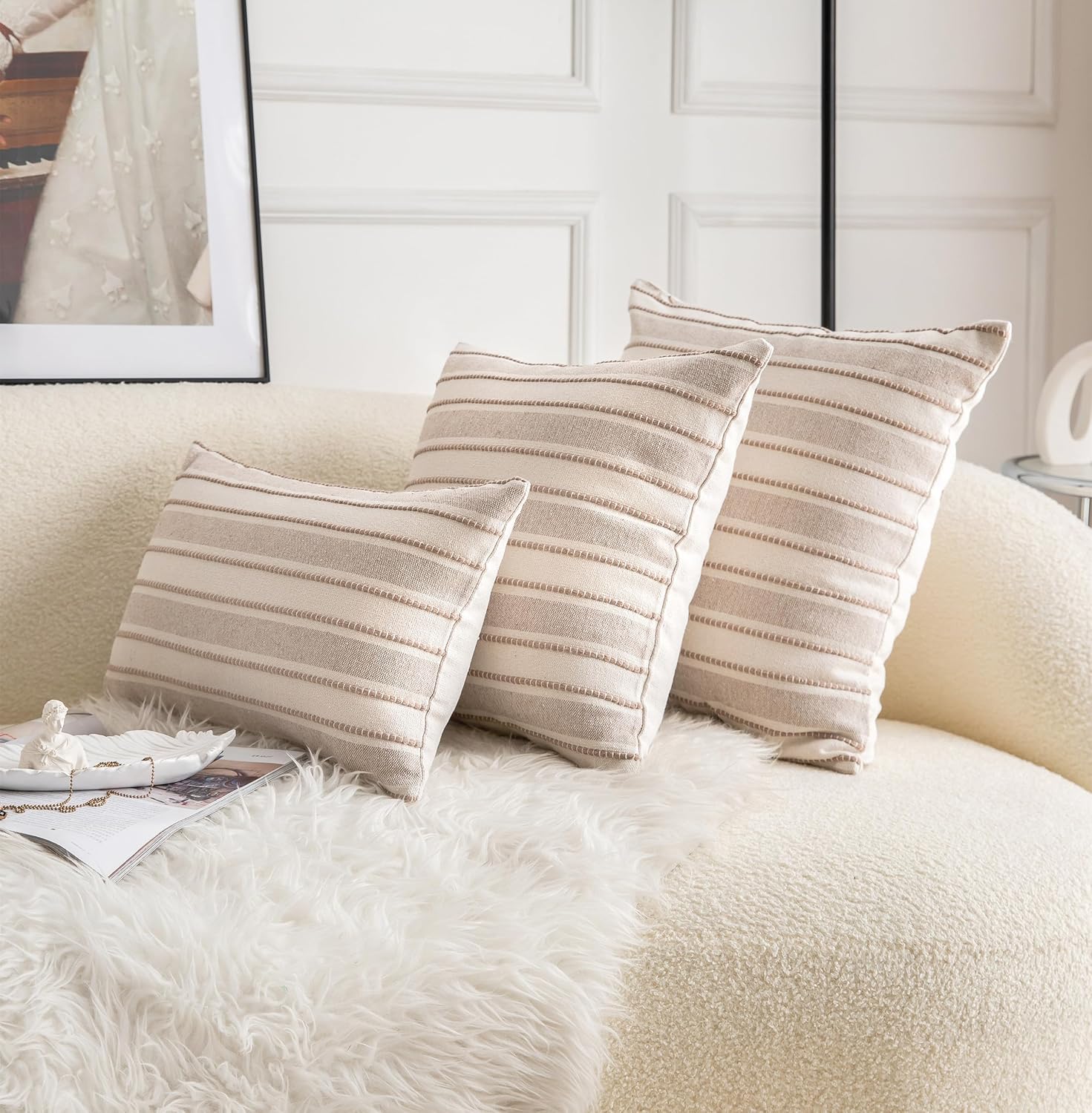 Decorative Boho Lumbar Throw Pillow Covers, Farmhouse Textured Pillow Case, 12 x 20 Inch Set of 2, Chair Sofa Bedroom Living Room Home Decor Couch Cushion Case, Tapue and Beige