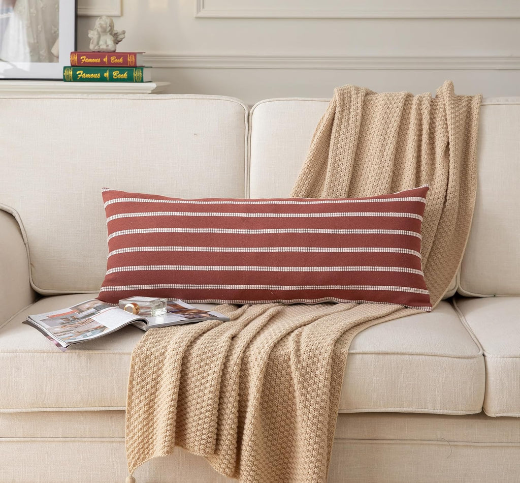 Caflife Boho Lumbar Throw Pillow Cover 14X36 Long Soft Farmhouse Decorative Couch Pillow Cases Rust Striped Body Pillow Covers Neutral Cushion Covers for Sofa Bed Living Room Home Decor Pack of 1