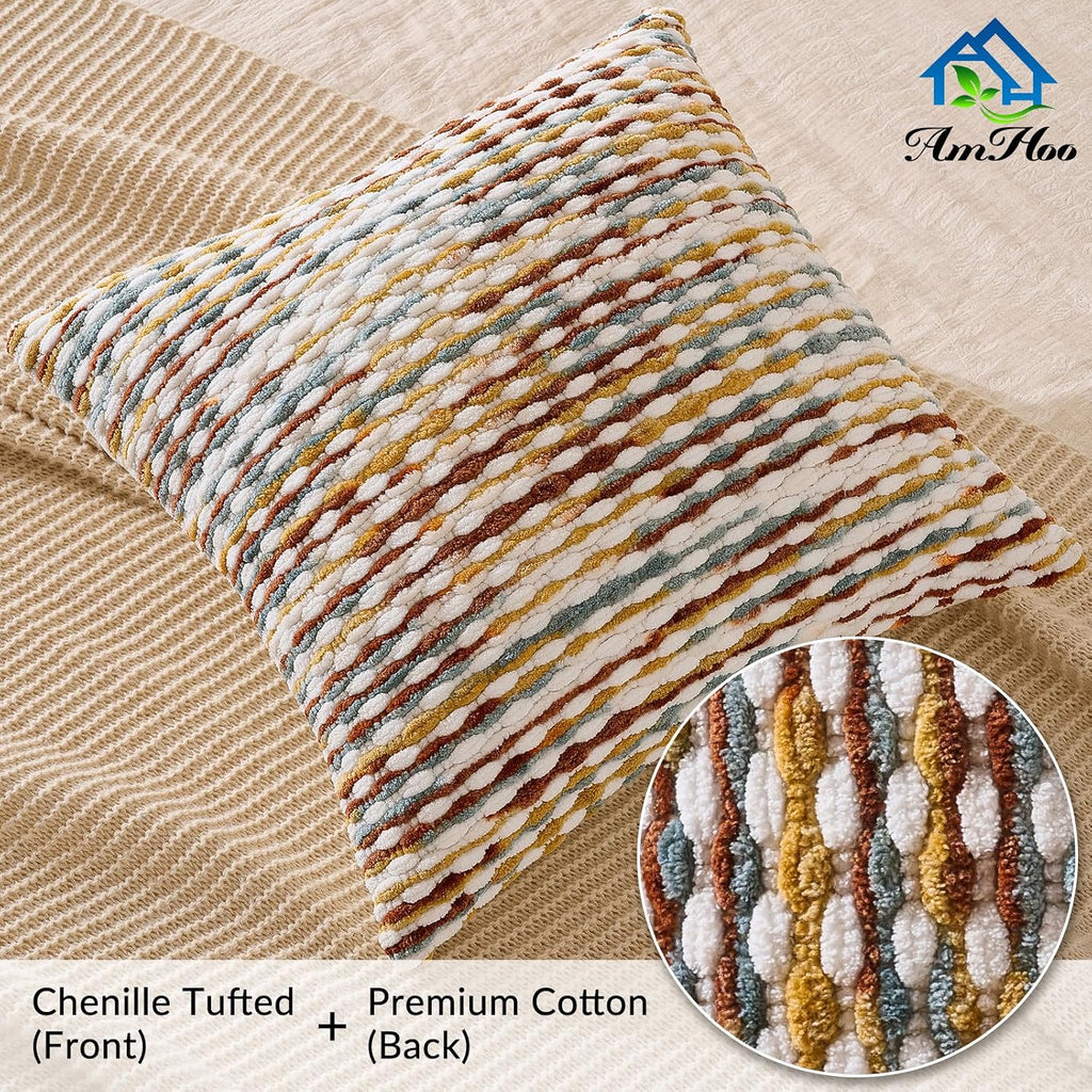 AmHoo Boho Chenille Pillow Cover Decorative Tufted Pillowcase for Couch Bed Sofa Bedroom Living Room Modern 18 x 18-Inch Brown