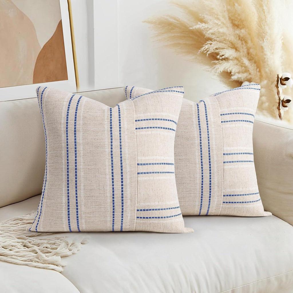 AELS 16x16 Decorative Farmhouse Linen Throw Pillow Covers, Boho Textured Pillow Case, Set of 2,Beige with White & Navy Blue Stripe Patchwork Cushion Cover for Sofa Couch Living Room(Cover ONLY)