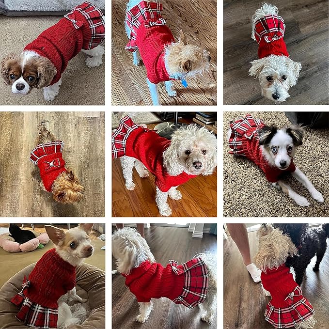 WOYYHO Girl Dog Sweater Dress with Bowtie Turtleneck Small Dogs Sweater with Leash Hole, Knitted Small Dog Sweaters Dress Puppy Winter Clothes for Yorkies Chihuahua (S, Red)