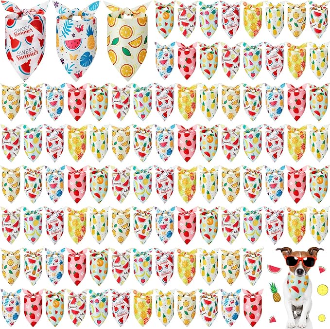 100 Pcs Fruit Dog Bandanas Bulk Summer Bandanas for Dogs Hawaiian Soft Bibs Adjustable Triangle Scarf for Small Medium Large Pet Costume