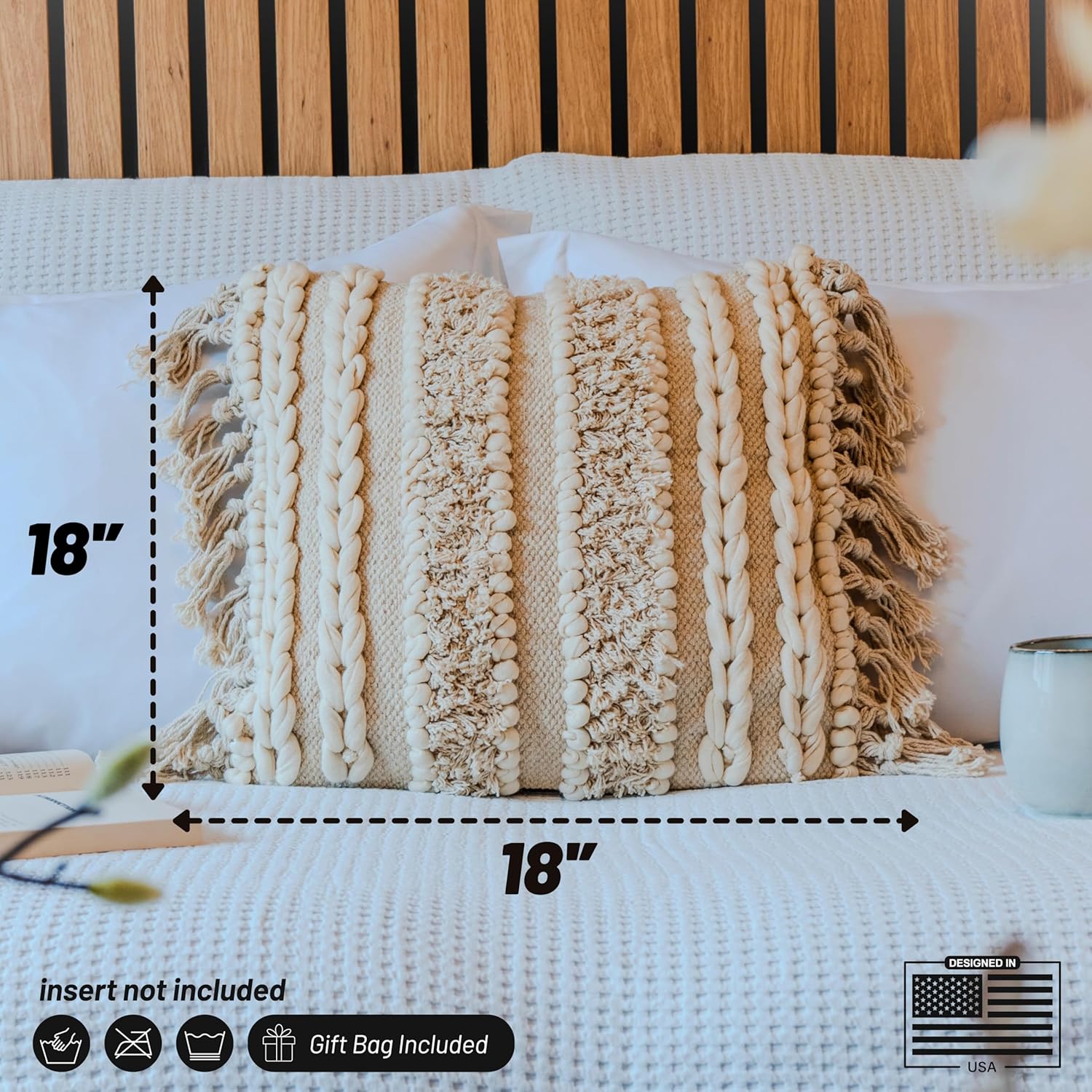 Decorative Boho-Chic Square Pillow Cover 18x18 Handwoven Tufted Braided Cotton Accent Pillows, Neutral Throw Cushion for Couch, Sofa or Bed, Farmhouse & Bohemian Home Decor, Trendy USA Design