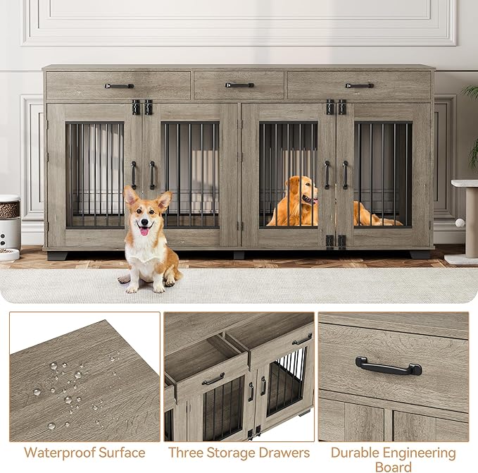 71'' Dog Crate Furniture, Wooden Indoor Dog Kennel for 2 Dogs with 3 Drawers and Removable Room Divider, XXL Double Dog Crate TV Stand End Table with Double Doors for Large Medium Dogs, Grey