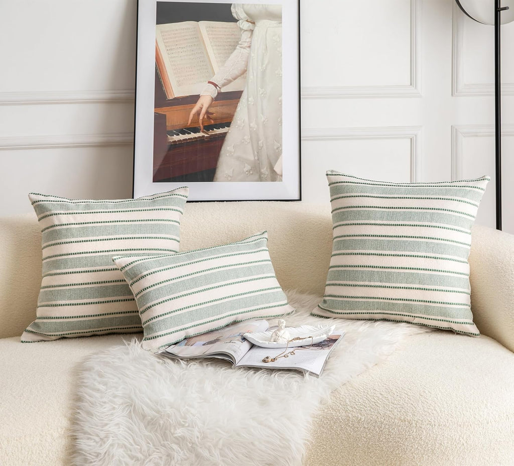 Decorative Boho Throw Pillow Covers, Farmhouse Textured Pillow Case, 22 x 22 Inch Set of 2, Chair Sofa Bedroom Living Room Home Decor Couch Cushion Case, Green and Beige Striped