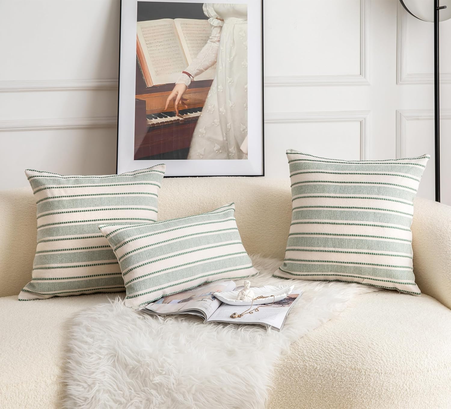 Decorative Boho Throw Pillow Covers, Farmhouse Textured Pillow Case, 22 x 22 Inch Set of 2, Chair Sofa Bedroom Living Room Home Decor Couch Cushion Case, Green and Beige Striped