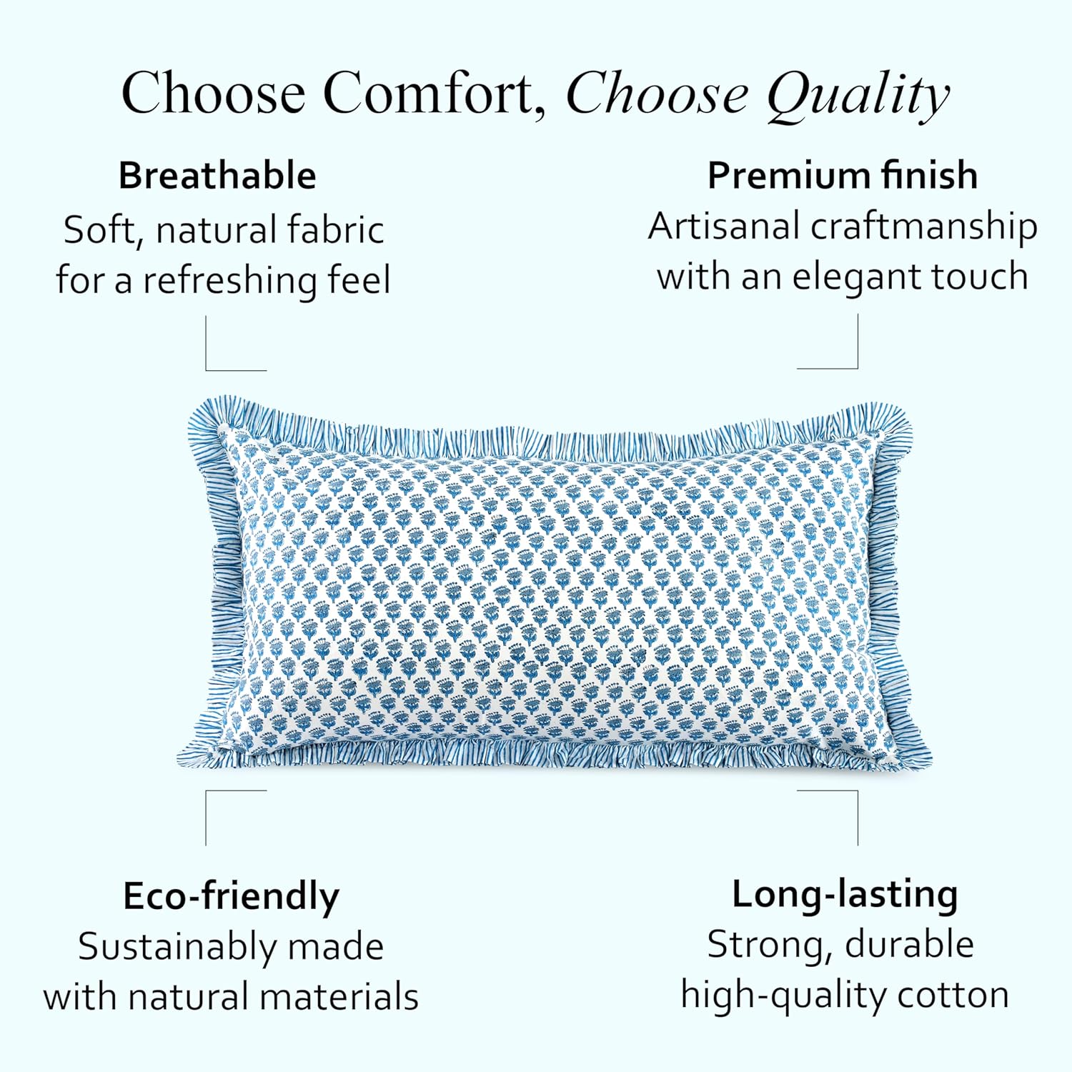 CPC Apatite Blue 100% Cotton Block Print Ruffle Sham Cover 20X36 inch Pack of 2, Handmade Boho Floral Pillowcase, Soft Decorative King Bed Pillow Cover for Bedroom Décor