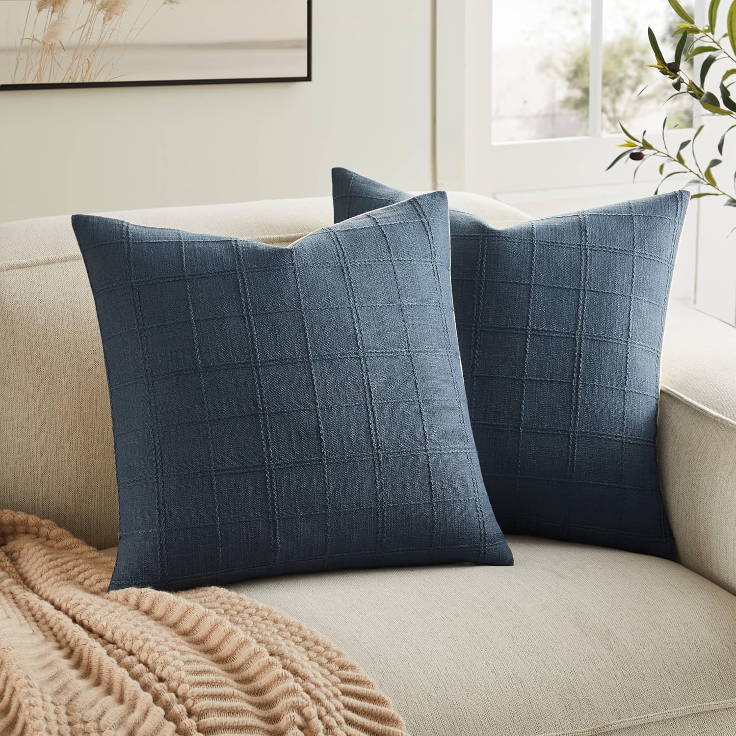 ZeeMart Linen Checked Throw Pillow Covers Set of 2, 22x22 Inch Navy/Cream, Farmhouse Decorative Single Sided Grid Embroidered Couch Pillow Cases Dark Blue Cotton Linen Cushion Covers