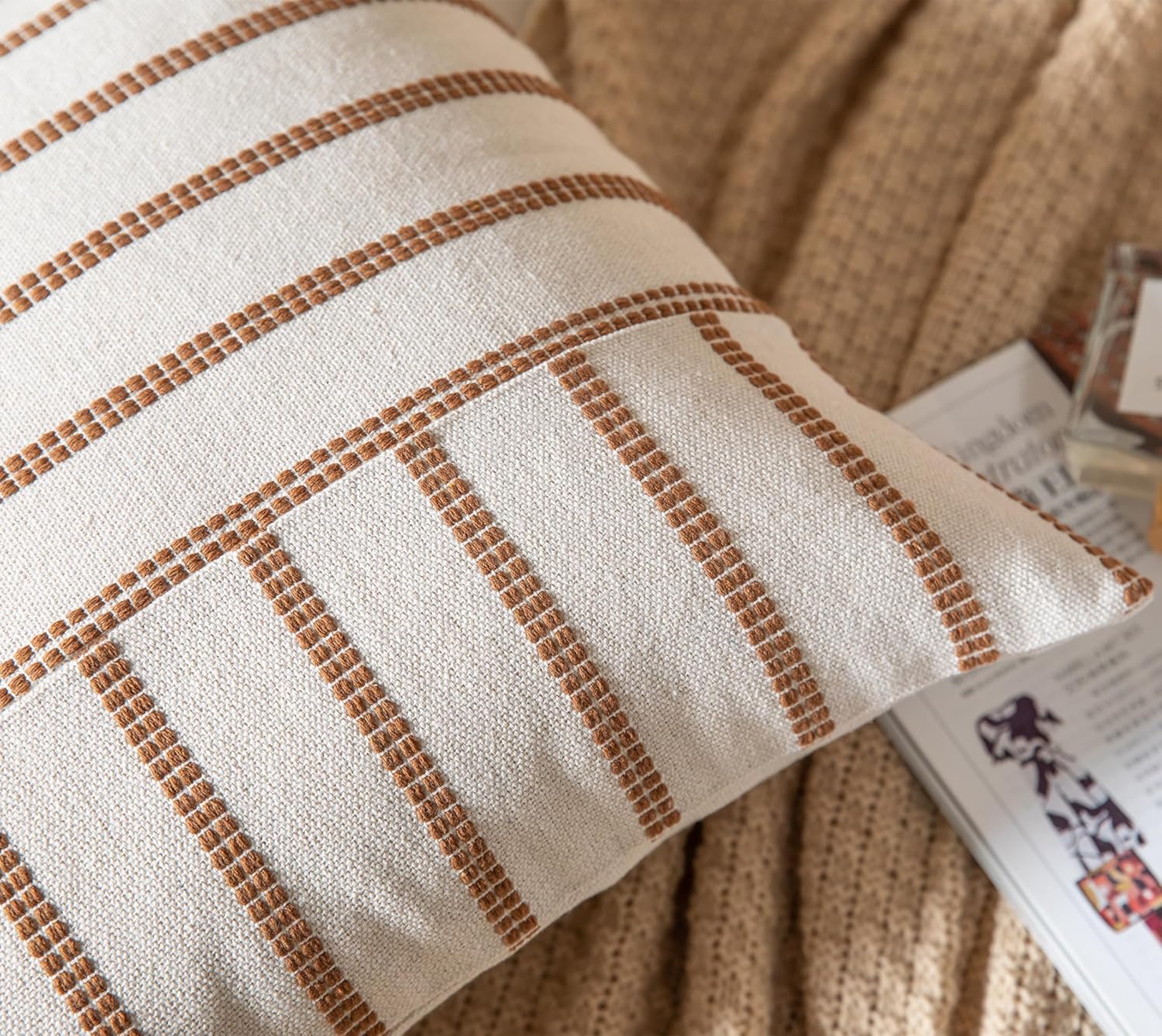 Caflife Boho Throw Pillow Covers 12x20 Set of 2 Soft Farmhouse Decorative Couch Pillow Cases Brown Striped Pillow Covers Neutral Cushion Covers for Sofa Bed Living Room Home Decor