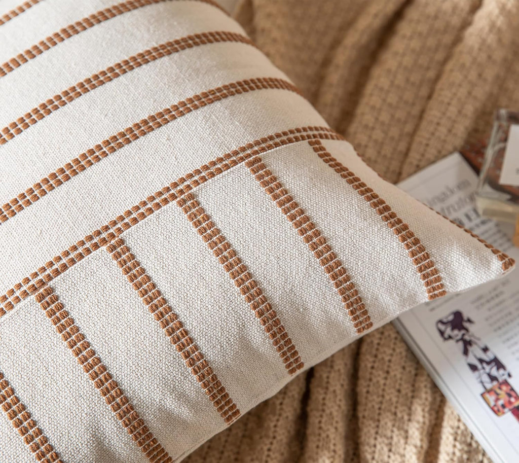 Caflife Boho Throw Pillow Covers 18x18 Set of 2 Soft Farmhouse Decorative Couch Pillow Cases Brown Striped Pillow Covers Neutral Cushion Covers for Sofa Bed Living Room Home Decor