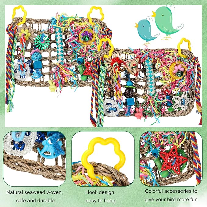 Liliful 2 Pieces Bird Foraging Toys for Parakeets Cockatiel Conures Lovebirds Foraging Shredding Seagrass Wall with Colorful Chewing Toys