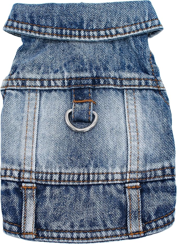 Puppy Clothes for Small Dogs Boy,Classic Western Denim Dog Coat ,Dog Jeans Jacket with Leash D-Ring,Pet Cat Costumes ,Cooling Harness Vest for Walking (Blue, Small)