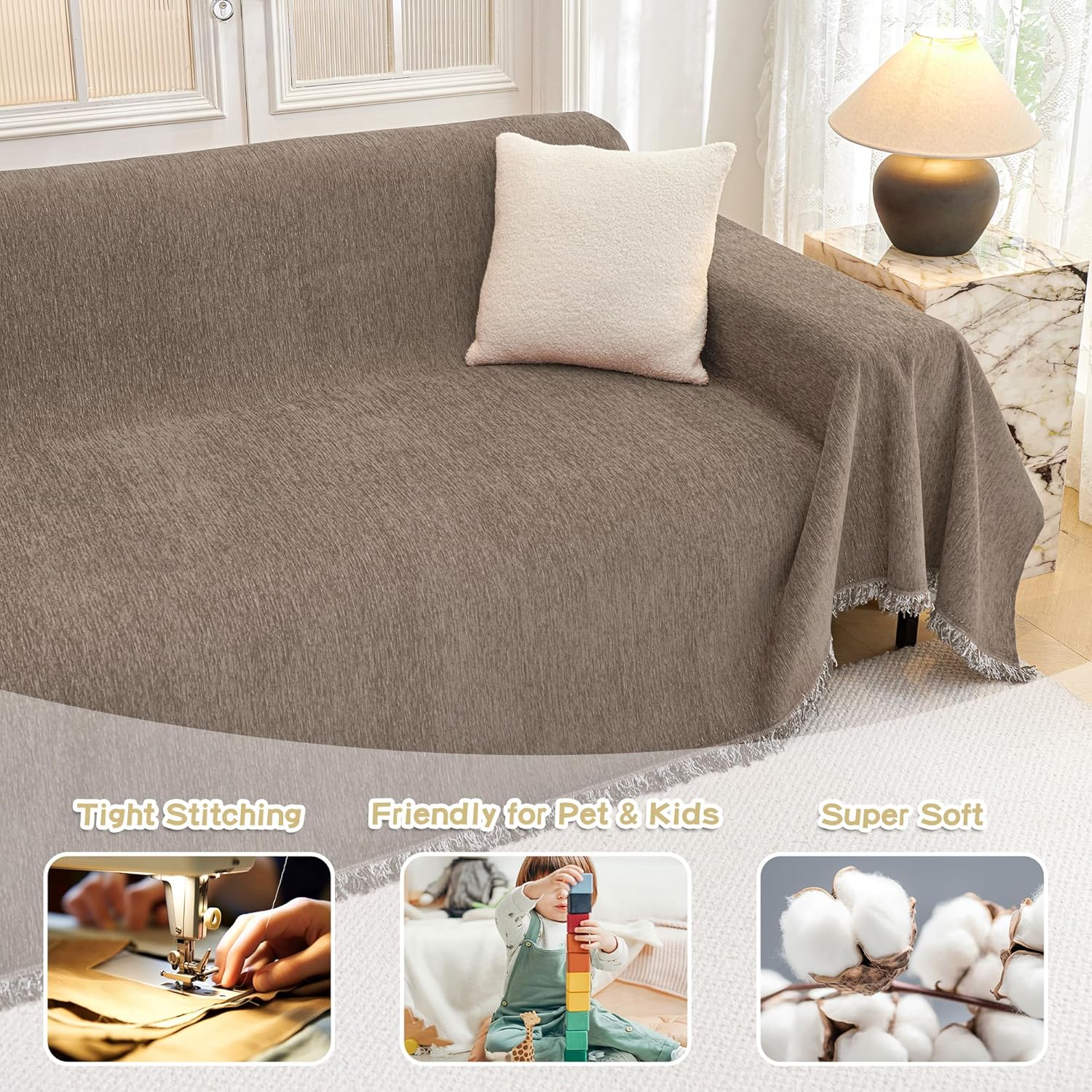 MYSKY HOME Couch Cover for Dogs, Washable Couch Covers, Non Slip Couch Sofa Cover, Couch Cover 2 Cushion Sofa Dogs Furniture Protector with Tassels Chenille Sofa Covers for Pets, 71"x118", Sand