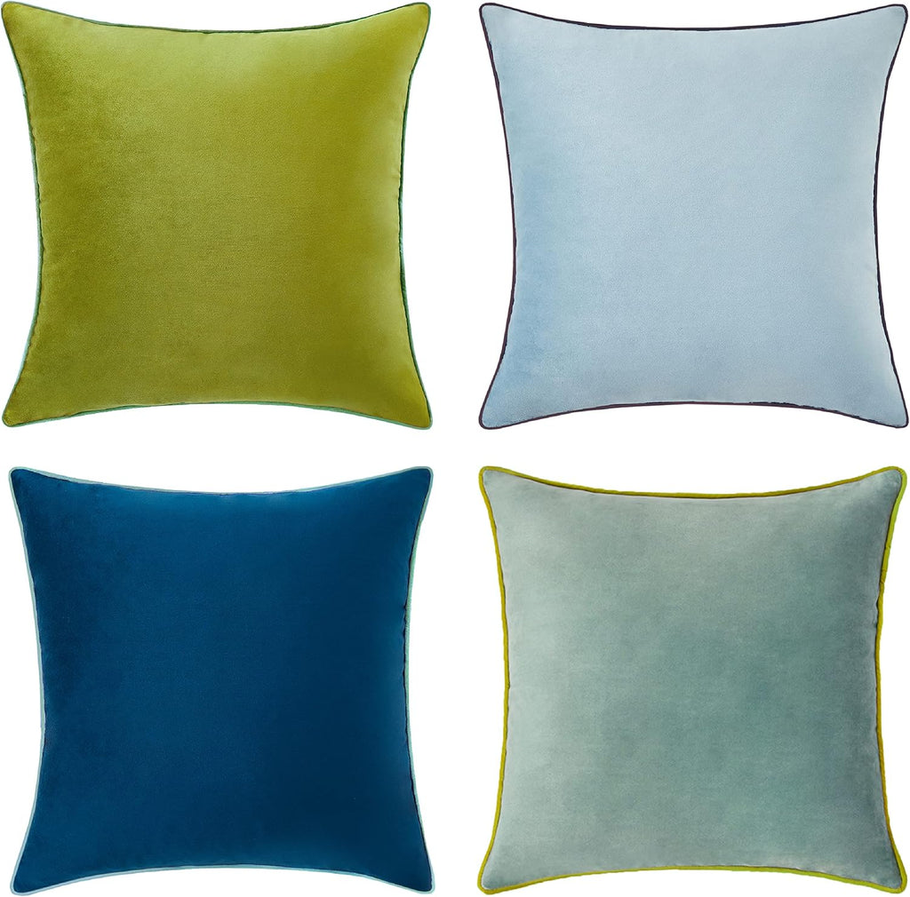 MONDAY MOOSE Decorative Throw Pillow Covers Cushion Cases, Set of 4 Soft Velvet Modern Double-Sided Designs, Mix and Match for Home Decor, Pillow Inserts Not Included (18x18 inch, Green/Blue)
