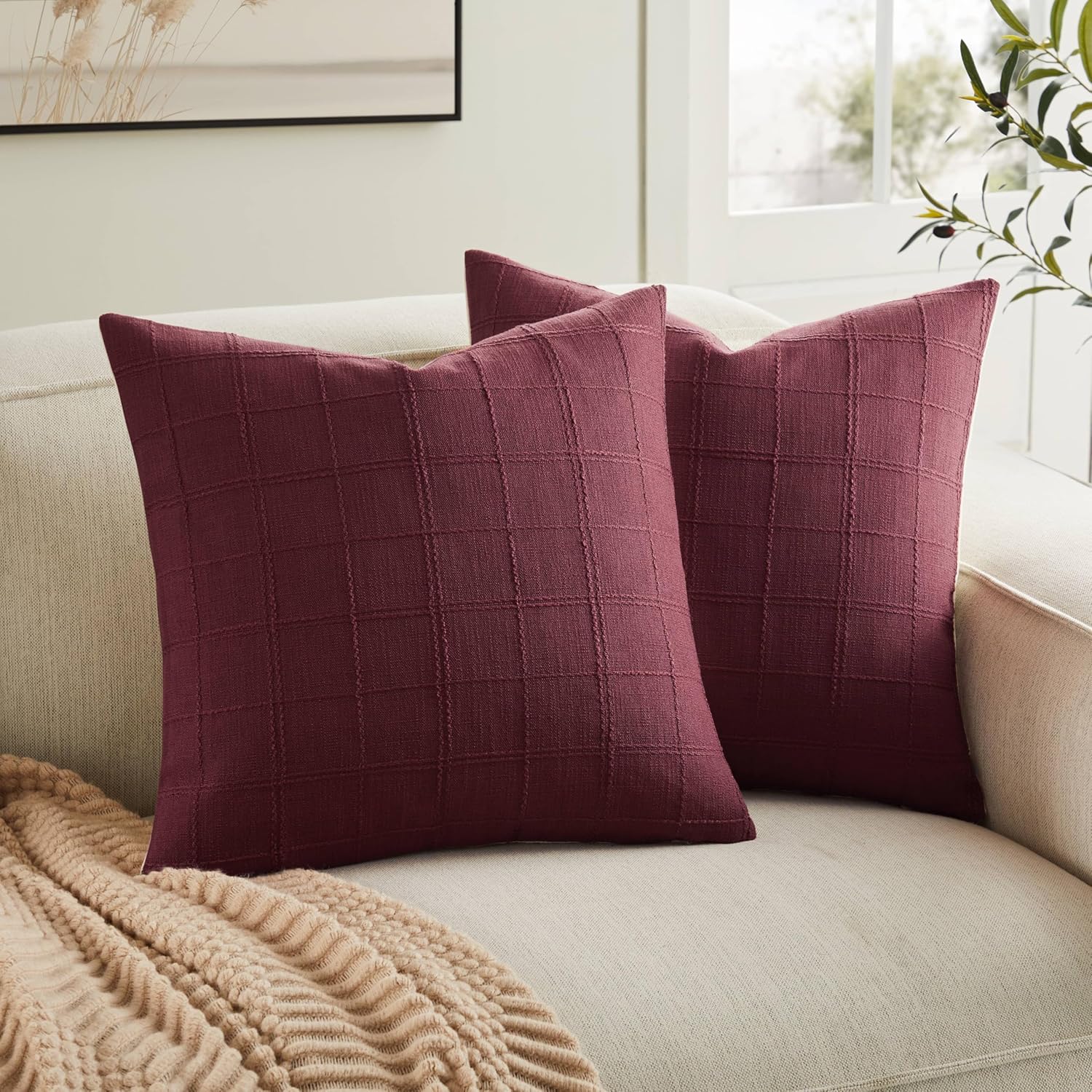 ZeeMart Linen Checked Throw Pillow Covers Set of 2, 16x16 Inch Burgundy/Cream, Farmhouse Decorative Single Sided Grid Embroidered Couch Pillow Cases Red Cotton Linen Cushion Covers