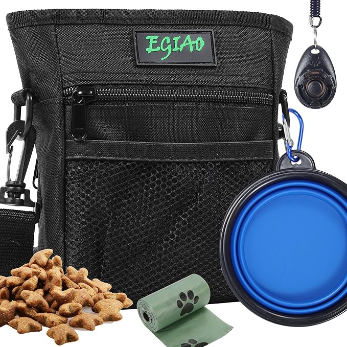 Dog Treat Pouch with Collapsible Dog Bowl, Training Clicker and Poop Bags, Treat Pouches for Pet Training, Built-in Poop Bag Dispenser, Waist Belt Clip, Puppy Treat Pouch Magnetic Closure - Black
