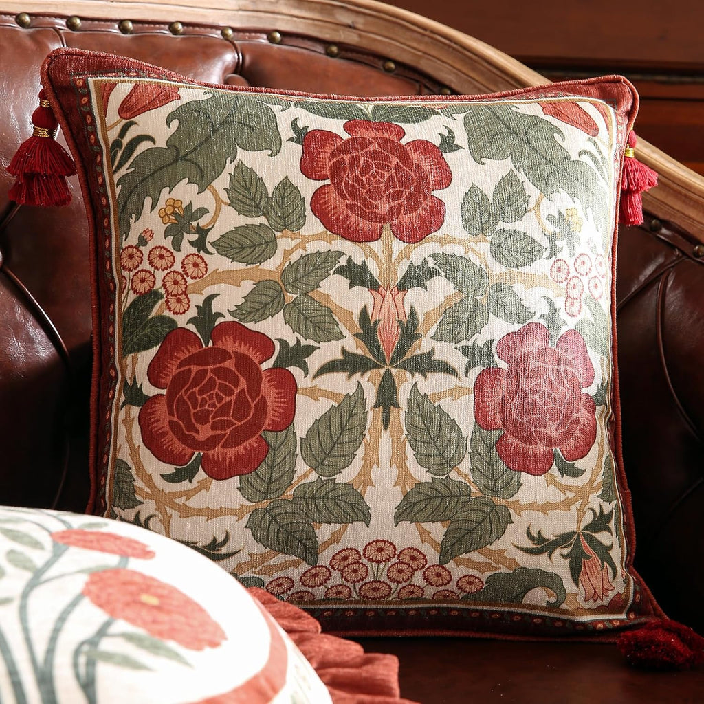 Vintage Square Throw Pillow Covers,Red Cozy Velvet with Leaves and Floral Pattern Pillowcases,Decoration Pillows Cushion Covers for Living Room Couch Sofa Bed Car Chair,18"x18"