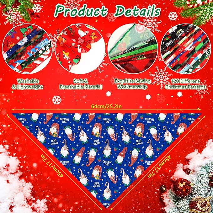 120 Pcs Christmas Dog Bandanas & Scarves - Bulk Adjustable Puppy Bandanas & Pet Handkerchiefs - Washable Holiday Scarf for Small to Large Dogs & Cats