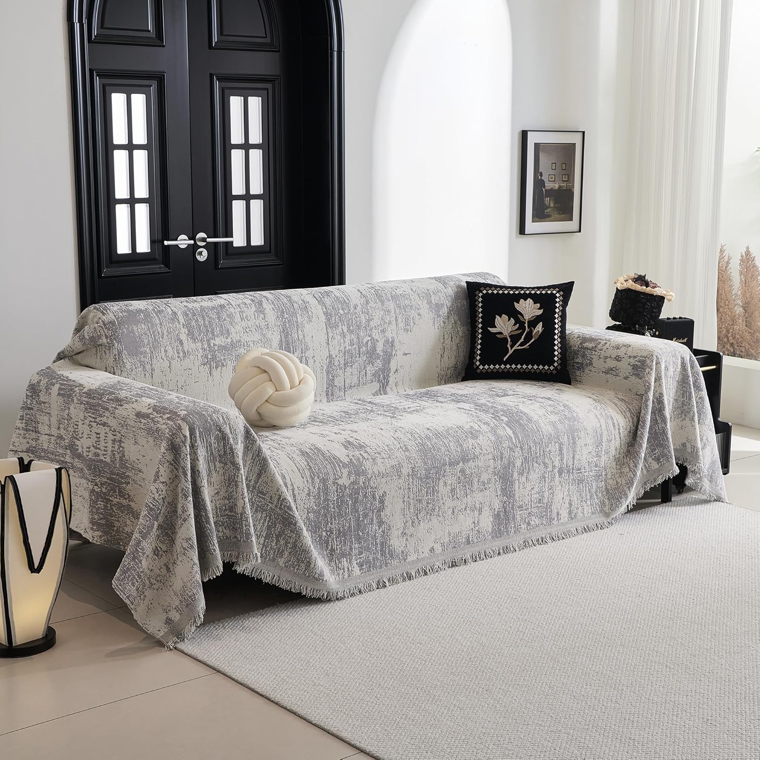 MYSKY HOME Boho Couch Cover for Dogs Washable Grey Abstract Couch Sofa Protector for Loveseat Sofa with Pets Friendly Chenille Geometric Sofa Covers Soft Durable Farmhouse Sofa Slipcovers, 91" X118"